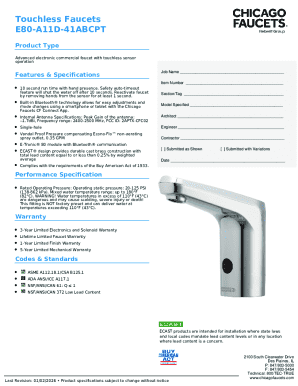 Chicago Faucets E-Tronic 80 Specification Form
