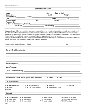 Patient Intake Form for Acupuncture and Chinese Medicine