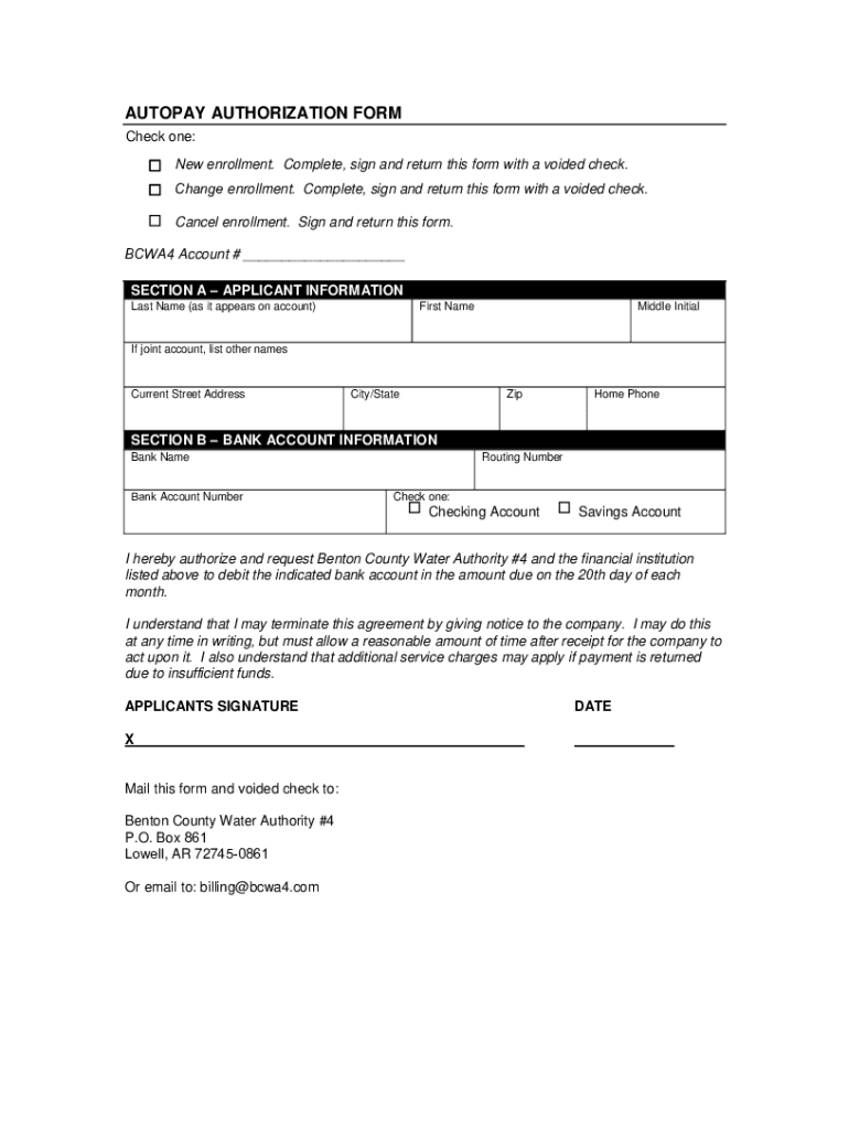 Autopay Authorization Form - Blank Fillable Template | Fill Out, Print ...