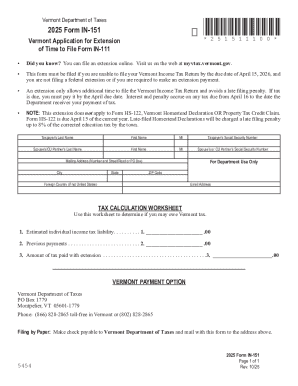 Vermont Form IN-151 Tax Extension Application
