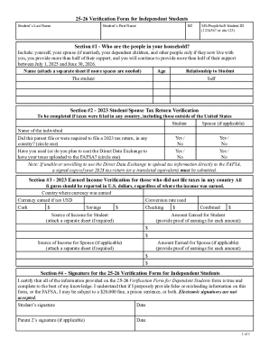 2025-2026 Verification Form for Independent Students