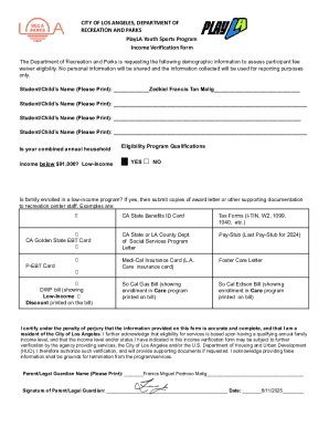 Los Angeles Youth Sports Income Verification Form