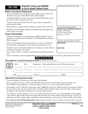 California Small Claims Court Plaintiff's Claim and Order