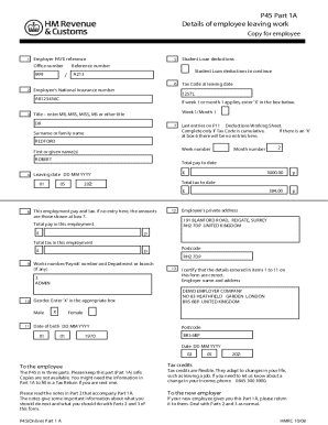 UK P45 Part 1A Employee Leaving Work