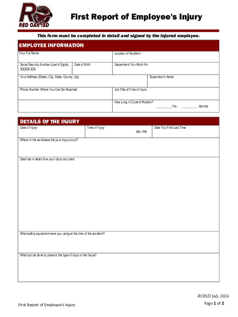 First Report of Employee\'s Injury - Blank Fillable Template | Fill Out ...