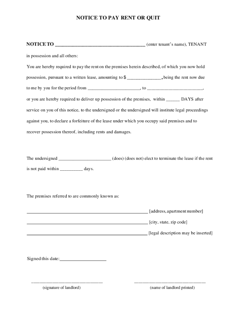 Notice to Pay Rent or Quit - Fill Out, Sign & Share Online | pdfFiller