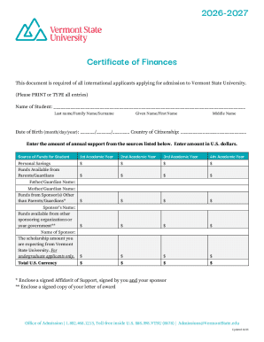Certificate of Finances for Vermont State University