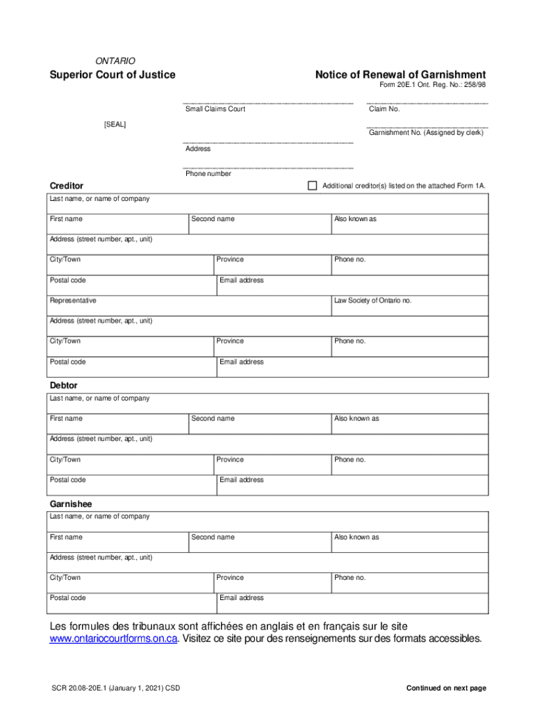 Ontario Superior Court Garnishment Renewal Form Preview on Page 1