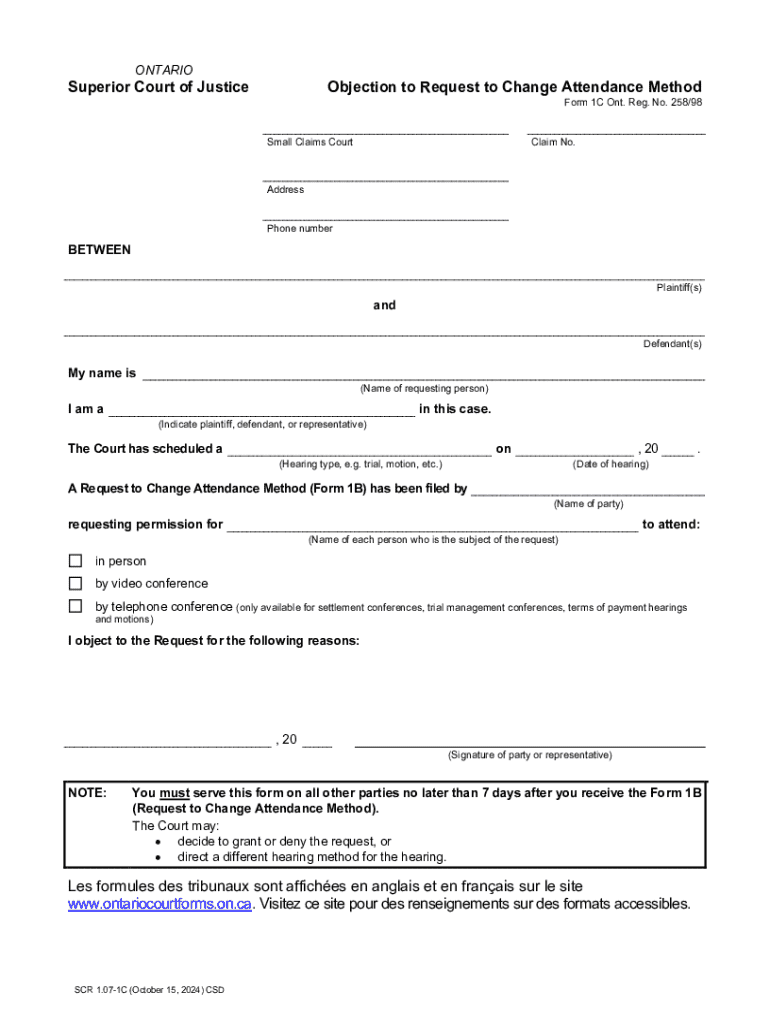 Ontario Superior Court Objection to Request to Change Attendance Method Preview on Page 1