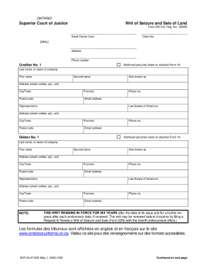 Ontario Superior Court Writ of Seizure and Sale of Land
