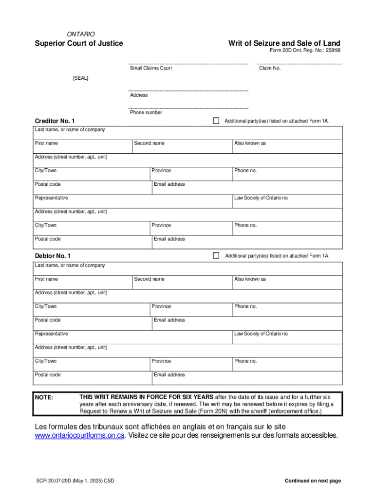 Ontario Superior Court Writ of Seizure and Sale of Land Preview on Page 1
