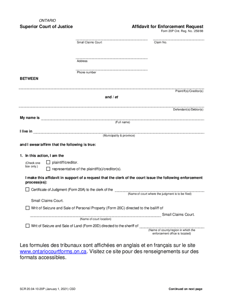 Ontario Superior Court Affidavit for Enforcement Request Preview on Page 1