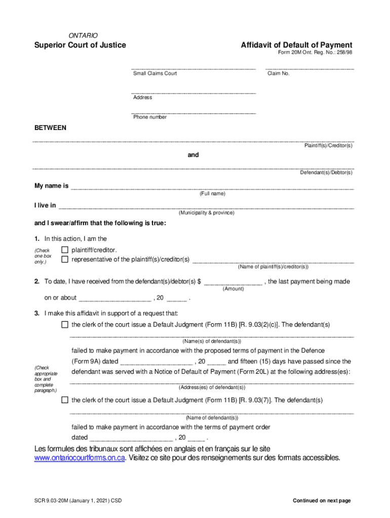Ontario Superior Court Affidavit of Default of Payment Preview on Page 1