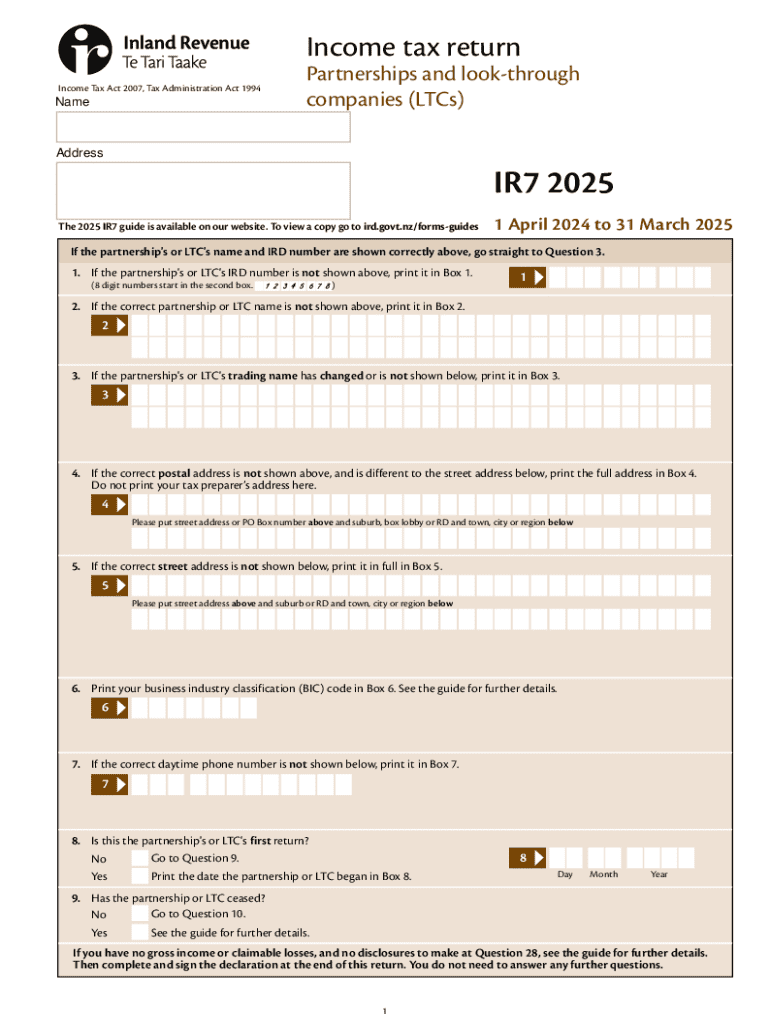 New Zealand Partnership Income Tax Return IR7 2025 Preview on Page 1
