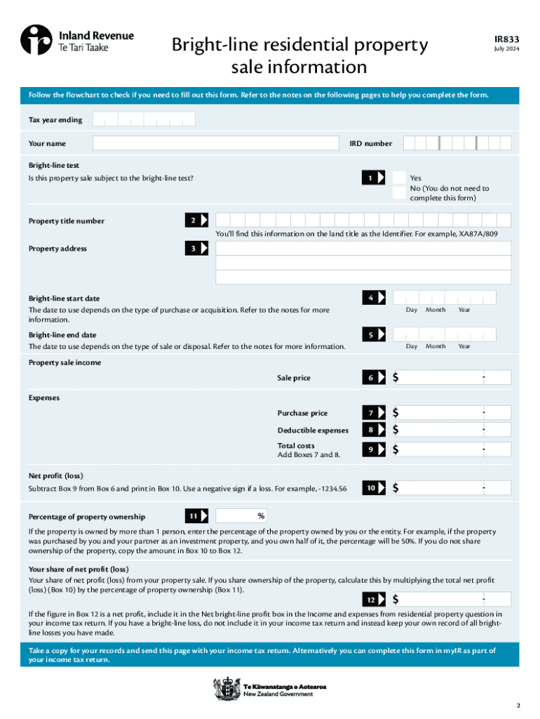 Bright-line Residential Property Sale Form IR833 Preview on Page 1