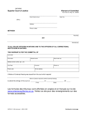 Ontario Superior Court Warrant of Committal