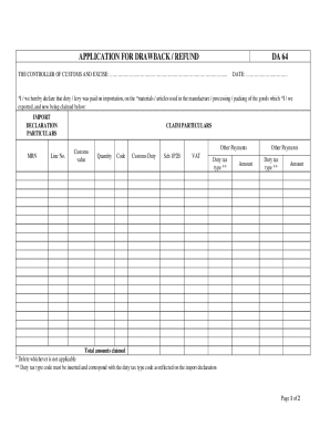 Application for Drawback Refund DA 64