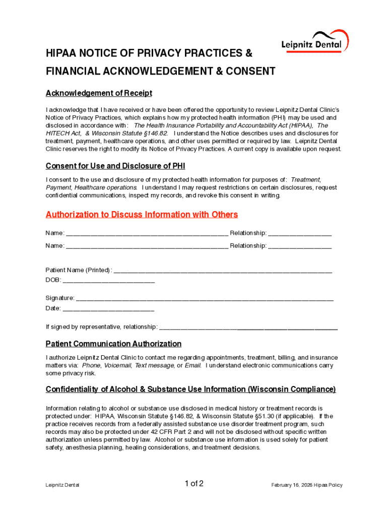 HIPAA Notice of Privacy Practices & Financial Consent - Blank Fillable ...