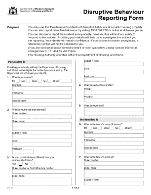 Western Australia Disruptive Behaviour Reporting Form