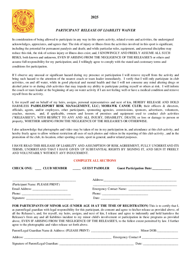 2025 Participant Release of Liability Waiver - Blank Fillable Template ...