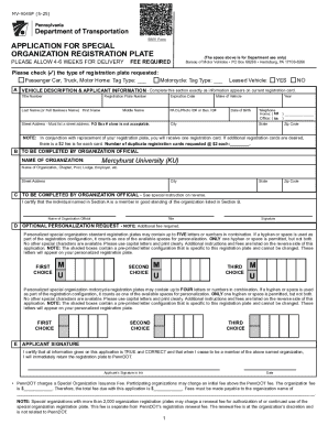 Pennsylvania Special Organization Registration Plate Application