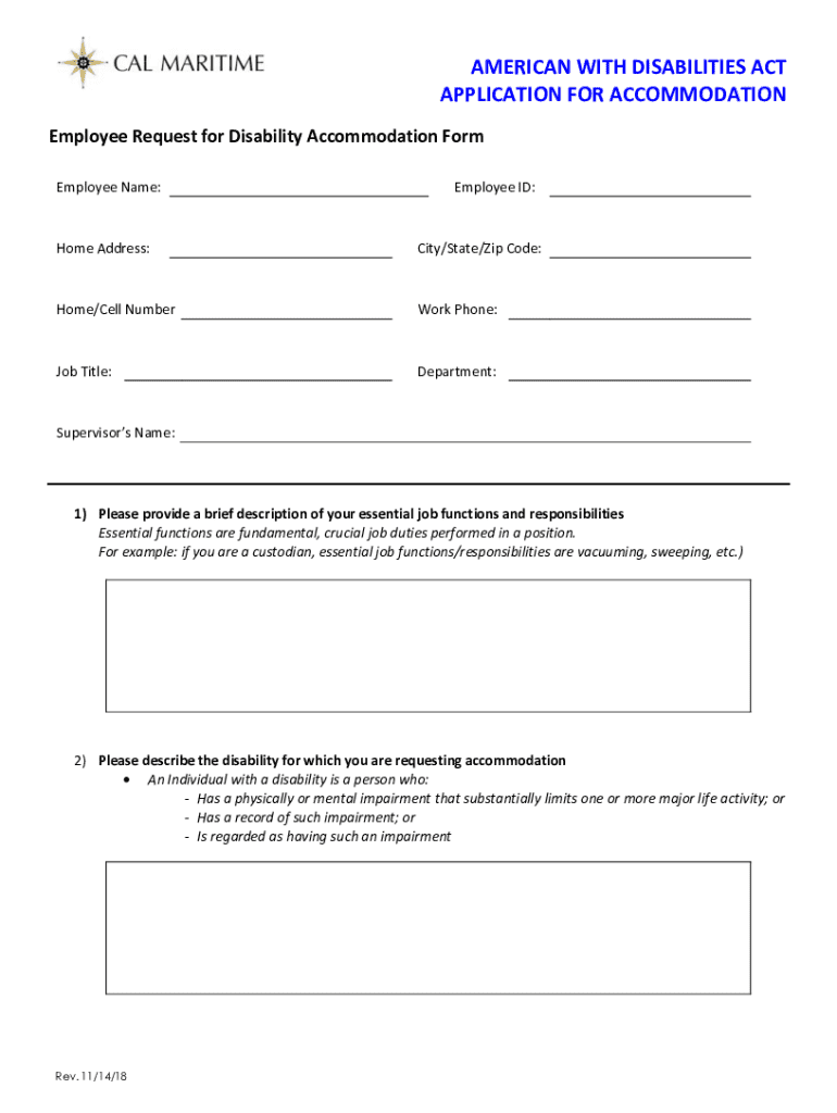 ADA Employee Request for Disability Accommodation Form - Blank Fillable ...