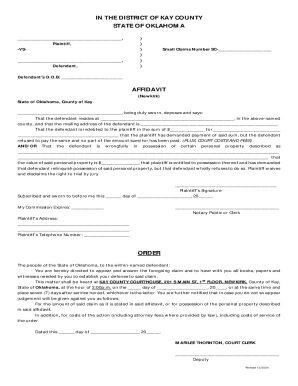 Oklahoma Small Claims Affidavit