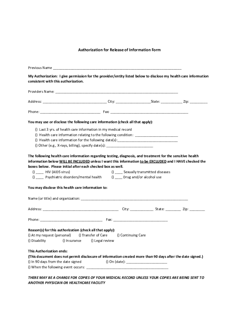 Authorization for Release of Information Form - Blank Fillable Template ...