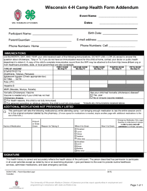 Wisconsin 4-H Camp Health Form Addendum