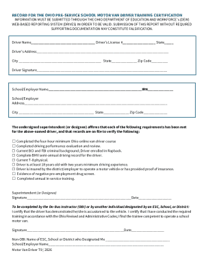 Ohio Pre-Service School Motor Van Driver Training Certification