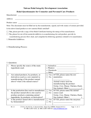 Halal Questionnaire for Cosmetics and Personal Care Products