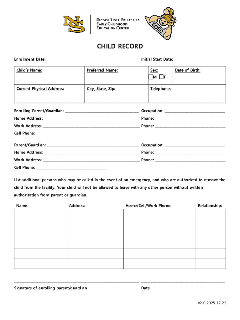 Child Enrollment Form - Blank Fillable Template | Fill Out, Print ...