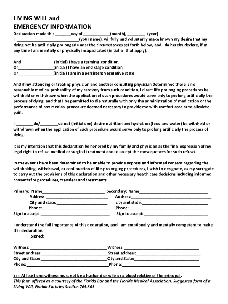 Living Will and Emergency Information Form - Blank Fillable Template ...