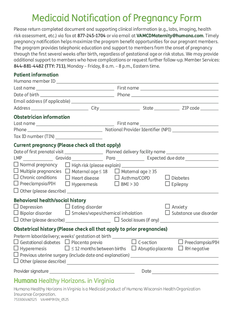 Maternity Intimation Form Medicaid Notification of Pregnancy Form - Blank Fillable Template ...