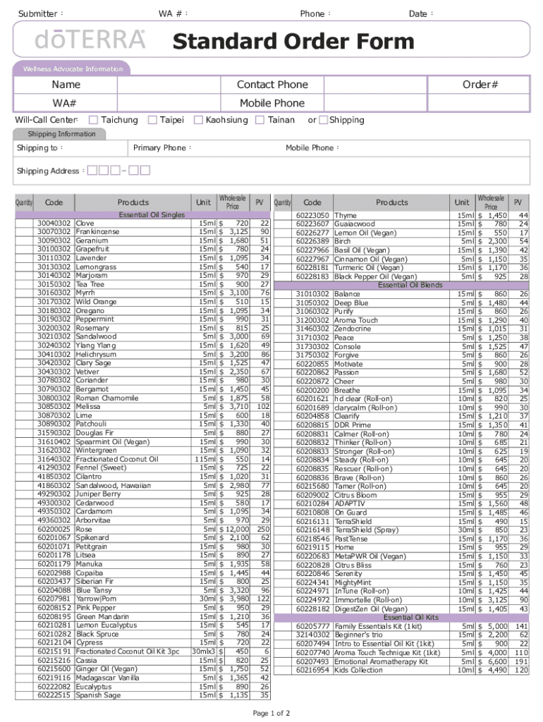 Standard Order Form - Blank Fillable Template | Fill Out, Print ...