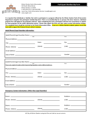 Winter Garden Parks Recreation Participant Membership Form