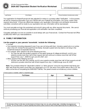 2026-2027 Dependent Student Verification Worksheet