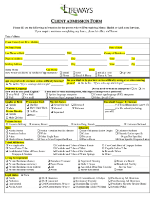 Client Admission Form for Mental Health or Addiction Services