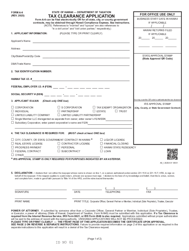 Hawaii Tax Clearance Application Form A-6 Preview on Page 1