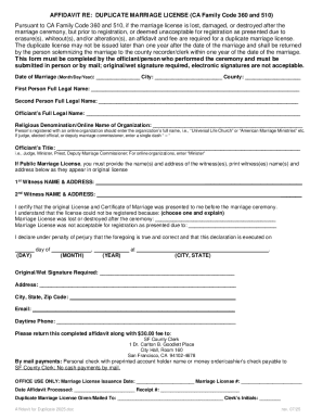 Affidavit for Duplicate Marriage License