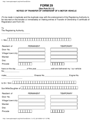 Notice of Transfer of Ownership of a Motor Vehicle