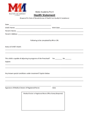 Nevada Pre-K Health Statement