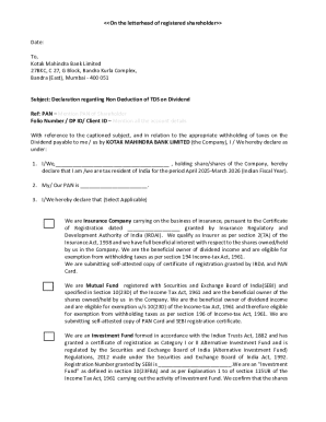 Declaration for Non Deduction of TDS on Dividend