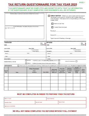 Tax Return Questionnaire for Tax Year 2025