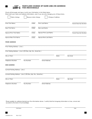 Maryland Change of Name and/or Address Form 109-I