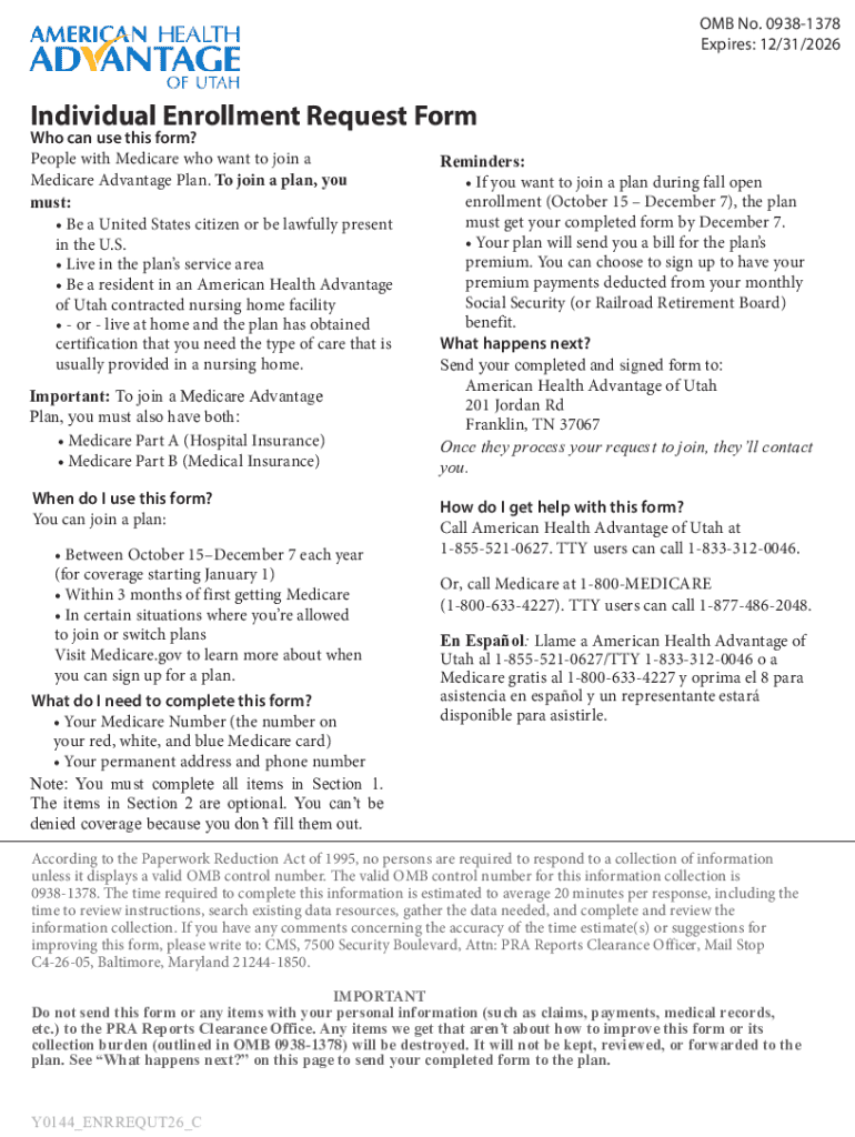 Individual Enrollment Request Form for Medicare Advantage Plan - Blank ...