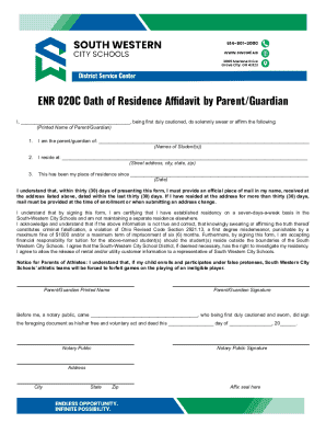 Oath of Residence Affidavit by Parent/Guardian