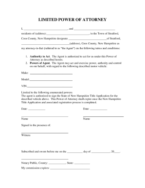 Limited Power of Attorney for New Hampshire Vehicle Title