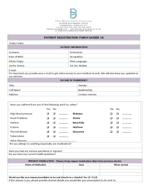 Patient Registration Form Under 16