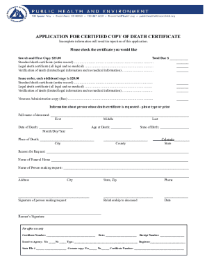 Application for Certified Copy of Death Certificate